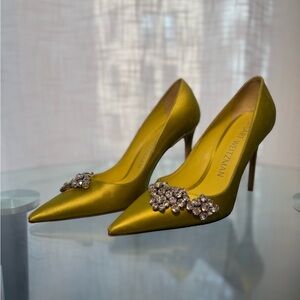 Stuart Weitzman Yellow Satin Heels with Crystal Accents